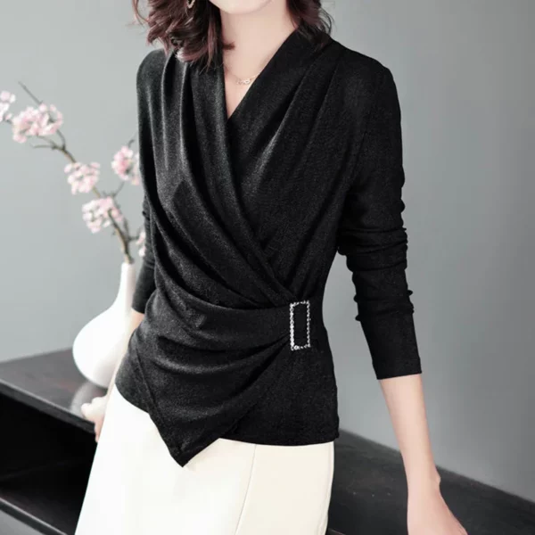 Spring New Slim Pleated T Shirt Tops Long Sleeve V Neck Solid Color Plus Size All-match Pullovers Vintage Elegant Women Clothing - Image 3