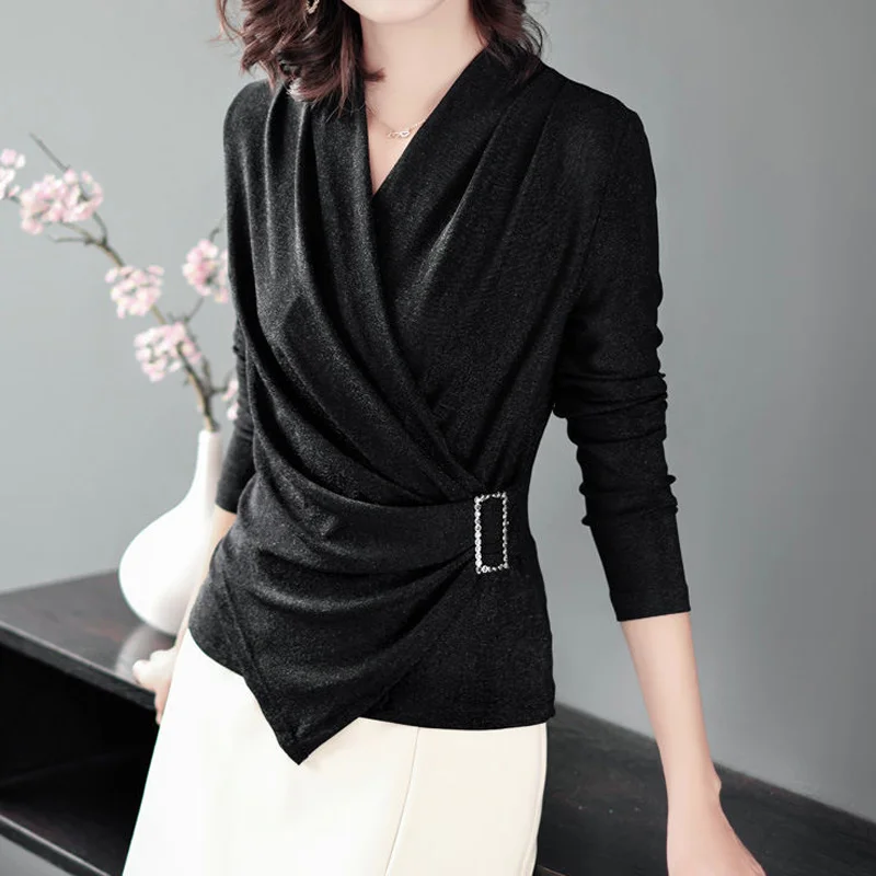 Spring New Slim Pleated T Shirt Tops Long Sleeve V Neck Solid Color Plus Size All-match Pullovers Vintage Elegant Women Clothing - Image 3