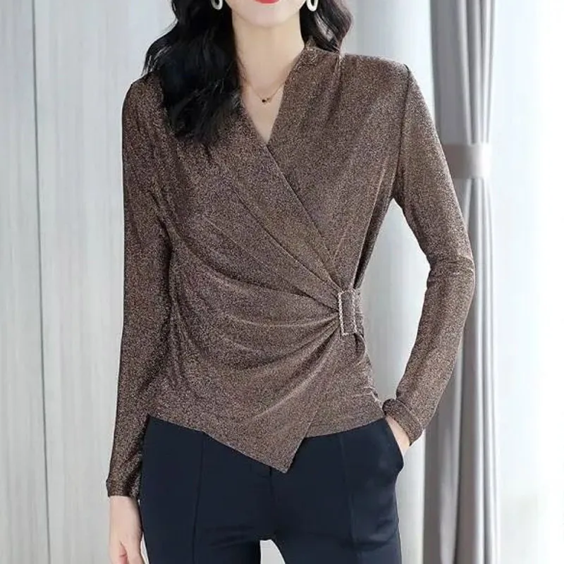 Spring New Slim Pleated T Shirt Tops Long Sleeve V Neck Solid Color Plus Size All-match Pullovers Vintage Elegant Women Clothing - Image 2