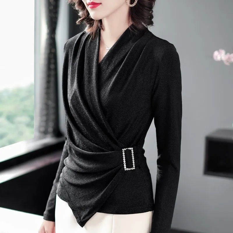 Spring New Slim Pleated T Shirt Tops Long Sleeve V Neck Solid Color Plus Size All-match Pullovers Vintage Elegant Women Clothing - Image 4