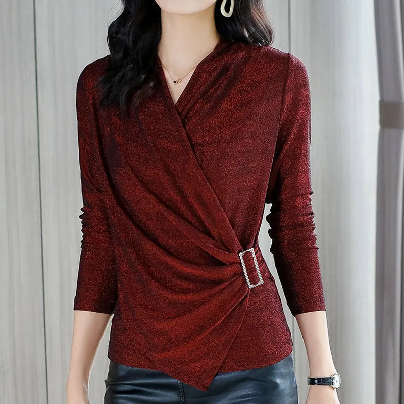 Spring New Slim Pleated T Shirt Tops Long Sleeve V Neck Solid Color Plus Size All-match Pullovers Vintage Elegant Women Clothing