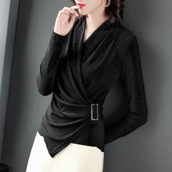 Spring New Slim Pleated T Shirt Tops Long Sleeve V Neck Solid Color Plus Size All-match Pullovers Vintage Elegant Women Clothing - Image 5