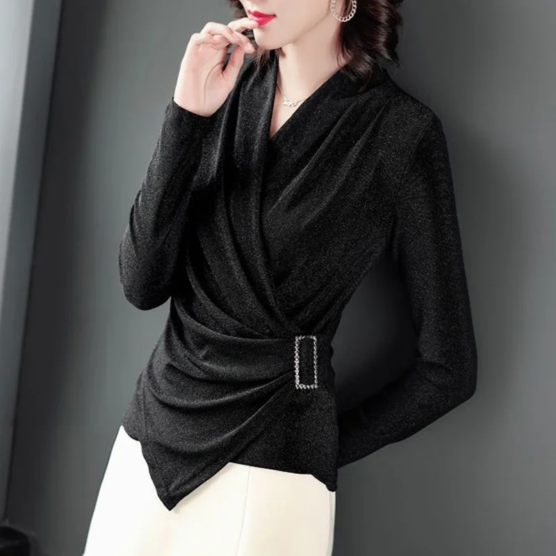 Spring New Slim Pleated T Shirt Tops Long Sleeve V Neck Solid Color Plus Size All-match Pullovers Vintage Elegant Women Clothing - Image 5