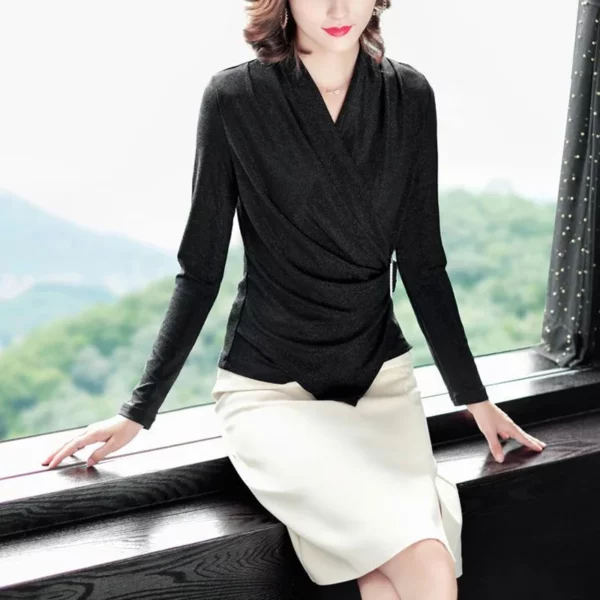 Spring New Slim Pleated T Shirt Tops Long Sleeve V Neck Solid Color Plus Size All-match Pullovers Vintage Elegant Women Clothing - Image 6